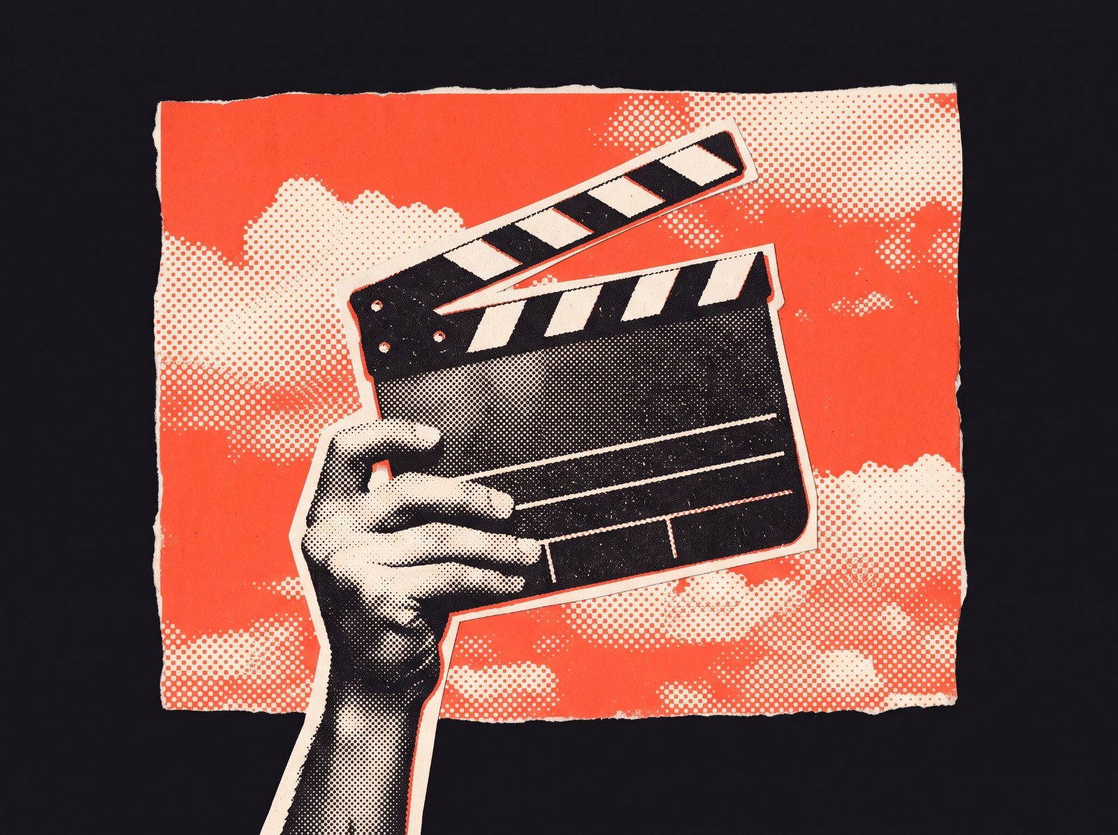 Collage of a hand holding a film clapperboard against a red sky