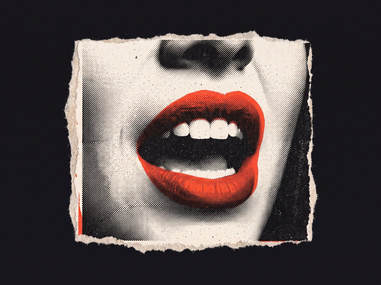 Halftone close-up of a singing mouth with red lips