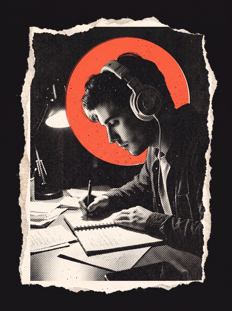 Halftone photo of a songwriter with headphones writing lyrics at a desk